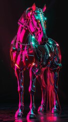 Wall Mural - Futuristic horse with metallic skin and neon highlights, Cyberpunk, Bright colors, High detail, Digital illustration