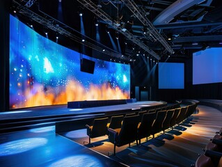 wide conference stage with several led video screens in the background