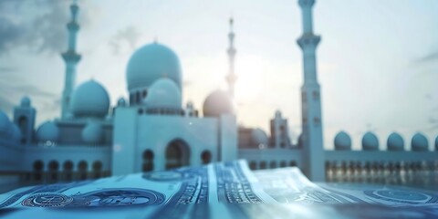 Illustration of White Mosque with Cash in Front of It