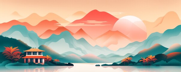 Sticker - Tranquil Mountain Landscape with Sunset and House.