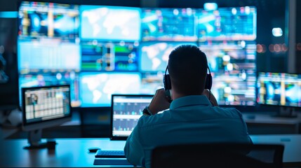 Canvas Print - Man Working Late at Night in Front of Multiple Monitors.