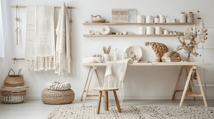scandinavian style hobby room interior with workspace for knitting, sewing, crocheting and designing handmade home textiles. real photo isolated on white background, minimalism, png