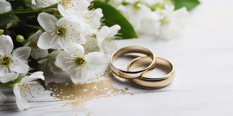 Wall Mural - Wedding Rings with Blooming Flowers