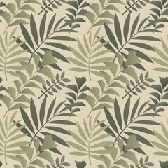 Wall Mural - Exotic green leaves seamless pattern design. Elegant summer background with tropical plants. Simple floral repeating vector print.