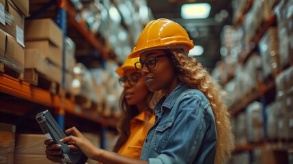 Woman in Hard Hat Uses a Scanner in a Warehouse