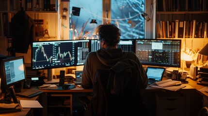 Fototapete - A person sits at their desk in a dimly lit room, working late at night. They have multiple monitors displaying stock market charts, suggesting they are involved in trading or investment analysis.