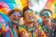 © Kakabe - Three joyful men wearing colorful clothes and sunglasses, enjoying a vibrant outdoor event under rainbow umbrellas on a sunny day.