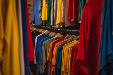 A rack of colorful shirts in a store.