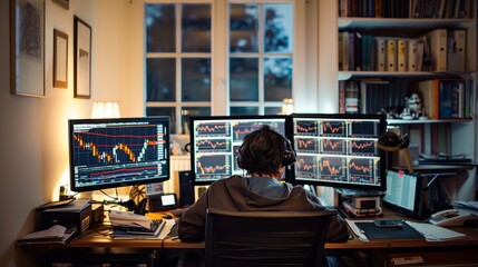 Fototapete - A person works at their home office, focused on multiple computer monitors displaying stock market charts.