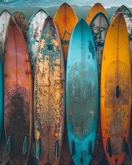 Wall Mural - old colorful surfboards background. summer vibe for surfers. copy space.