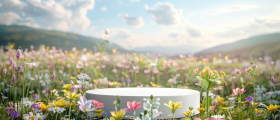 Wall Mural - Organic natural concept blank product display podium with summer flowers field meadow on background beauty skincare cosmetics presentation