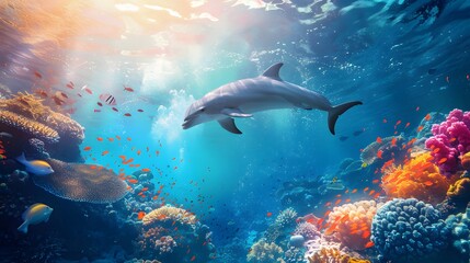 Underwater animal swimming in deep blue sea tropical reef beauty.