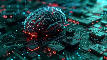 Fototapete - A 3D rendering of a brain on a circuit board. The brain is glowing red, and the circuit board is lit in blue and green hues.