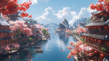 Wall Mural - A whimsical anime scene of the Sydney Opera House during a summer festival, with colorful decorations and characters enjoying a parade, created using vibrant colors, playful line work,