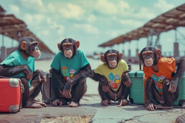 Wall Mural - A group of playful monkeys, dressed in colorful outfits, wait patiently at a bus station with their suitcases. They seem excited for their next adventure.