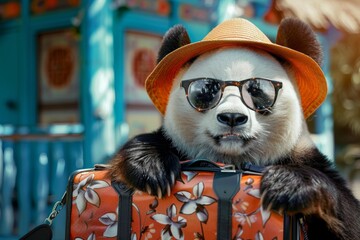 Wall Mural - A happy panda explores a famous landmark, capturing memories with its camera, while its suitcase sits nearby. The panda's traveler's hat adds a touch of adventure to its joyful expression.