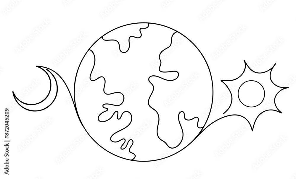 Continuous line of earth, sun and moon art isolated on transparent