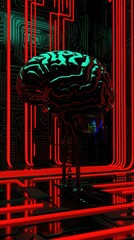 Futuristic depiction of artificial intelligence with a neon-lit brain and intricate circuitry, representing advanced technology and innovation.