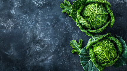 Wall Mural - copy space, stockphoto, healthy food concept, savoy cabbage on dark background. Healthy food concept. Healthy vegetables. Background picture for restaurant or menu.