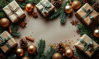 Wall Mural - christmas frame of gift boxes spruce branches balls on beige background.stock image
