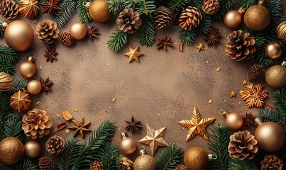 Wall Mural - frame of elegant christmas decorations on beige background christmas card design flat lay top view copy space.image