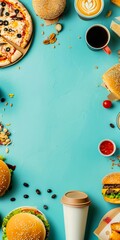 A circle of fast food and coffee on a blue background.