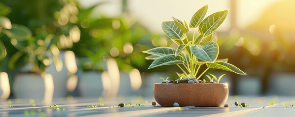 Close-up of a potted plant with green leaves in a terracotta pot, sitting on a wooden table in a sunny garden setting.