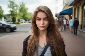 A woman with long brown hair stands on a sidewalk in front of a building