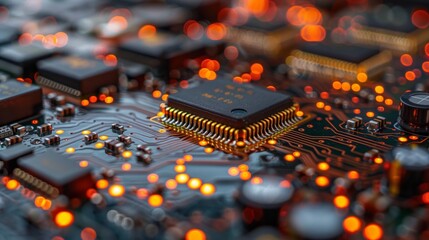 Poster - A close-up shot of a circuit board with a microchip at the center, illuminated by glowing red and orange lights.