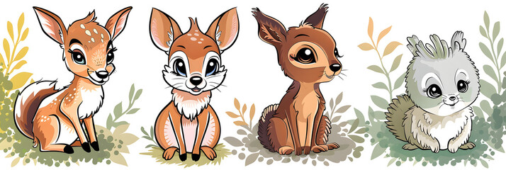 Forest animals - cute Fawn Deer, Hare, Squirrel and Hedgehog, simple thick lines kids or children cartoon coloring book pages. Clean drawing can be vectorized to illustration easily. 