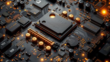 Poster - Close-up of a circuit board with a large processor in the center, illuminated with warm light. Intricate details of modern technology are visible.