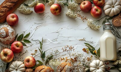 Wall Mural - happy shavuot greeting card flat lay dairy products milk bottle wheat bread apples on white background.stock photo