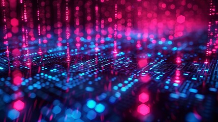 Fototapete - A close-up, abstract image of a digital circuit board with glowing pink and blue lights. The lights create a dynamic and futuristic visual.