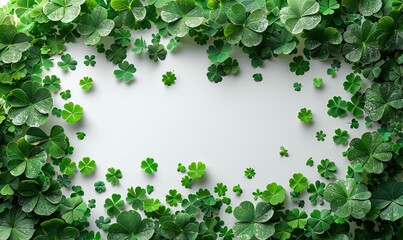 Wall Mural - green paper four leaf clover, confetti on white background st patricks day banner design flat lay top view.stock photo