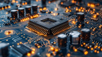 Fototapete - A close-up image of a microchip on a circuit board, with visible circuitry and components. The microchip is illuminated, highlighting its intricate details.