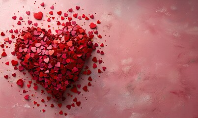 Wall Mural - valentines day heart made of small red hearts on pink background creative layout top view love romance concept.image