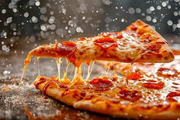 Wall Mural - A slice of tasty pizza is flying out on a black background.