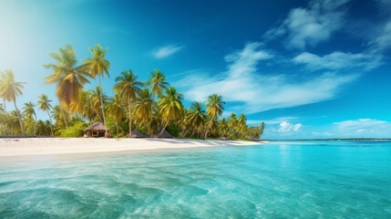 Wall Mural - Beautiful tropical ocean with blue sky and palm trees in summer