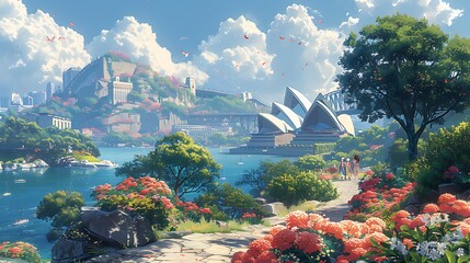 An anime spring morning at the Sydney Opera House, surrounded by blooming flowers and lush greenery, with characters enjoying a sunny day, created using pastel colors, delicate line art,