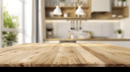 wood counter top on blur of white clean abstract home interior with bokeh. kitchen table background, generative ai	