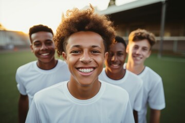 Wall Mural - Group of happy young male athletes laughing on sports field