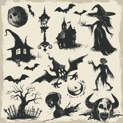 Collection of halloween silhouettes icon and character., witch, creepy and spooky elements for halloween decorations, silhouettes, sketch, icon, sticker. Hand drawn vector illustration - Vector