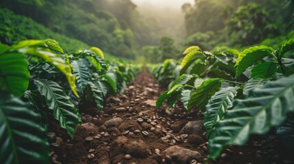 Rows of coffee plants in a forested African farm