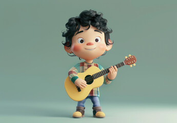 Canvas Print - 3D character, cute boy with black hair playing guitar