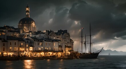 Wall Mural - A dark and stormy sky looms over a coastal city AI 4k animation