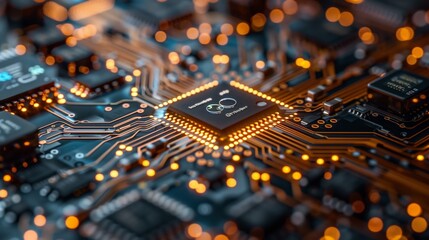 Leinwandbilder - A close-up image of a processor chip on a circuit board. The chip is illuminated by bright orange lights, and the intricate circuitry is visible.