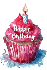 Wall Mural - A cupcake with a lit candle on top and the words Happy Birthday written on it. Concept of celebration and joy, as it is a birthday cake