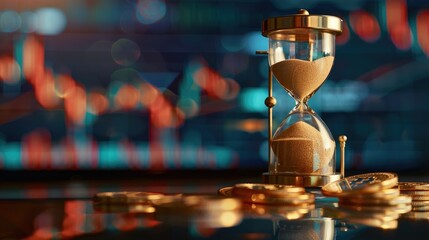 Wall Mural - Hourglass with sand trickling onto bitcoins, illustrating the concept of time and crypto investments, against a subtly blurred stock market chart background