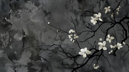 Wall Mural - Pop art of black flowering tree branches on dark gray background with apple blossom