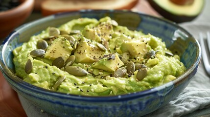 Wall Mural - A bowl of creamy avocado toast garnished with a sprinkle of crunchy pumpkin seeds.